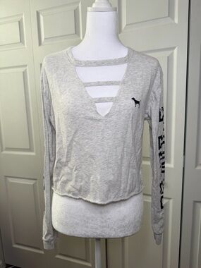 PINK Victoria's Secret Heather Gray Strappy V-Neck Long Sleeve Top pre-own good